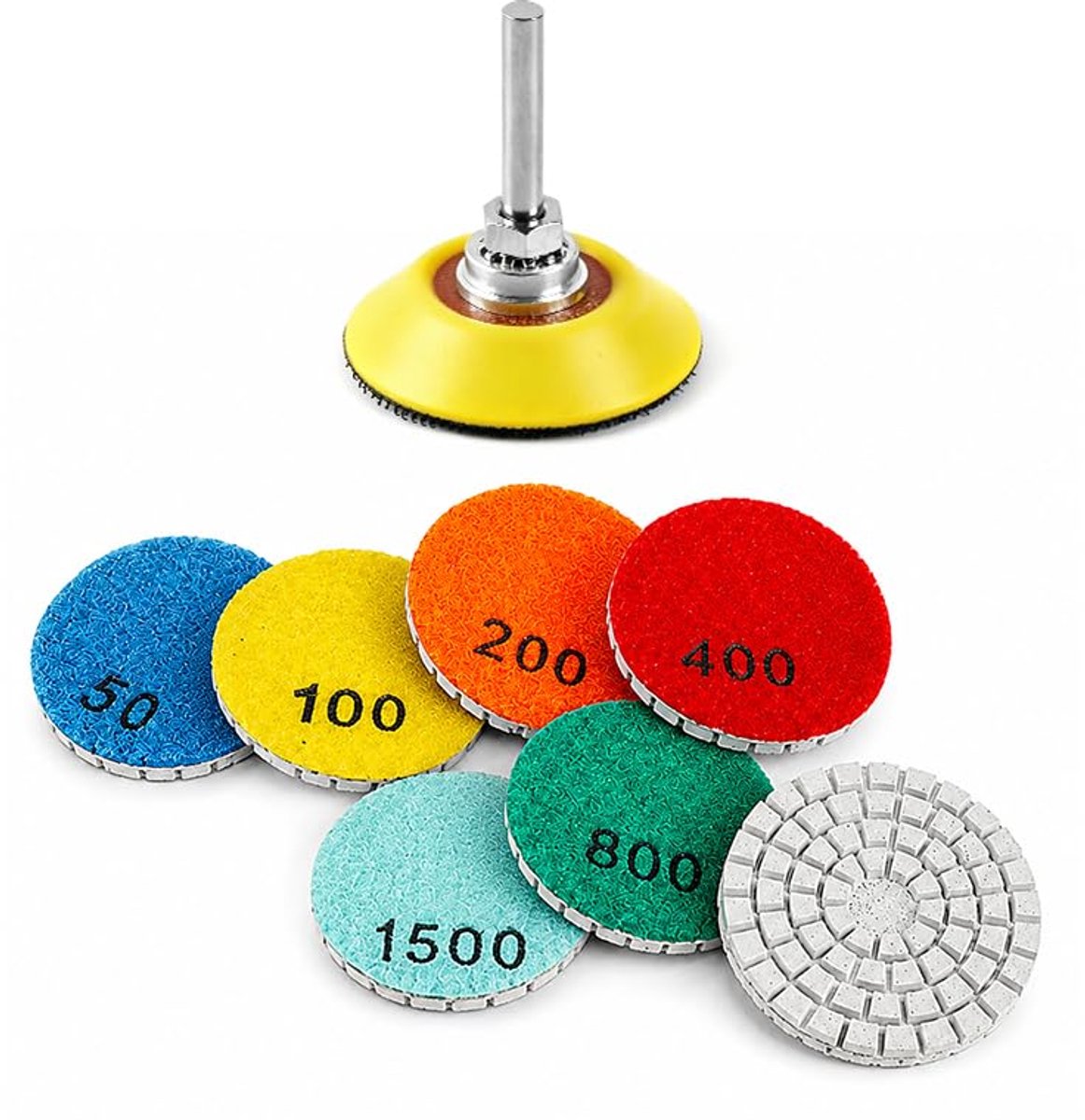 Set van 8 natte diamantpolijstschijven, 50 mm, 7 korrels, 50# tot 3000#, met klittenbandsluiting en ronde handgreep 6 - ShopVlot