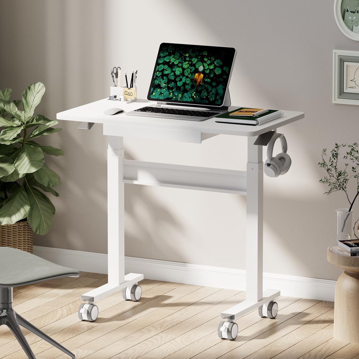 Mobiel Sta-bureau - Verstelbaar Werkstation - Staand Werken - Pneumatisch Verstelbaar - 88x50 cm - Wit