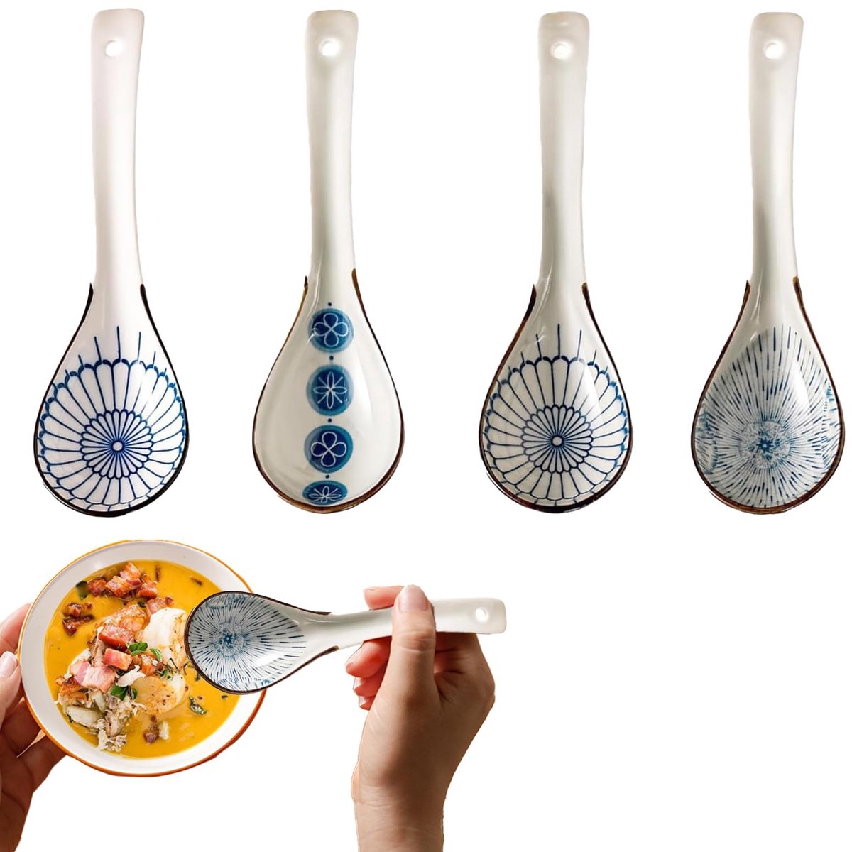 Solidchoice - Set van 4 Keramische Soeplepels in Retro Stijl