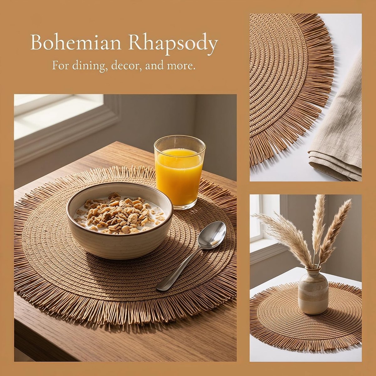 Ronde placemats 15 inch - Bohemian handgeweven - Vuurvast en antislip - Perfect voor sfeervolle dinertafels - ShopVlot