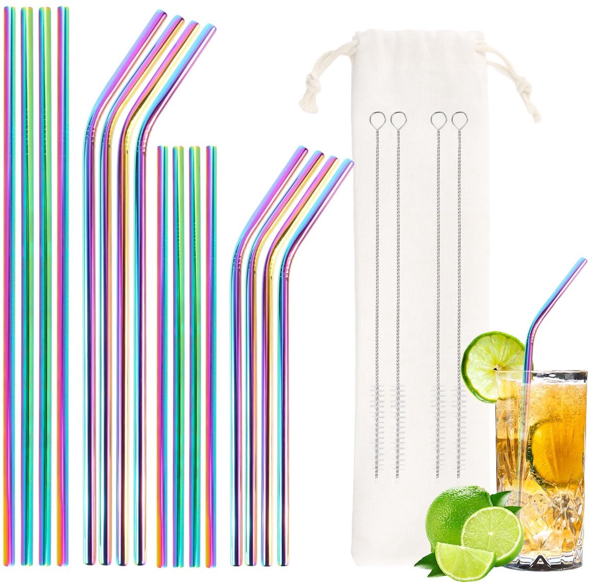 Solidchoice - Set van 16 RVS Rietjes met Schoonmaakborstels en Cocktailtas