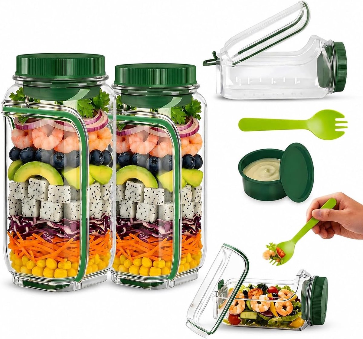 KZQ 2-pack draagbare saladeglas met lekvrije dressingcontainer - Maaltijdvoorbereiding voor kantoor werk reizen picknick en gym - BPA-vrij en herbruikbaar - Transparant