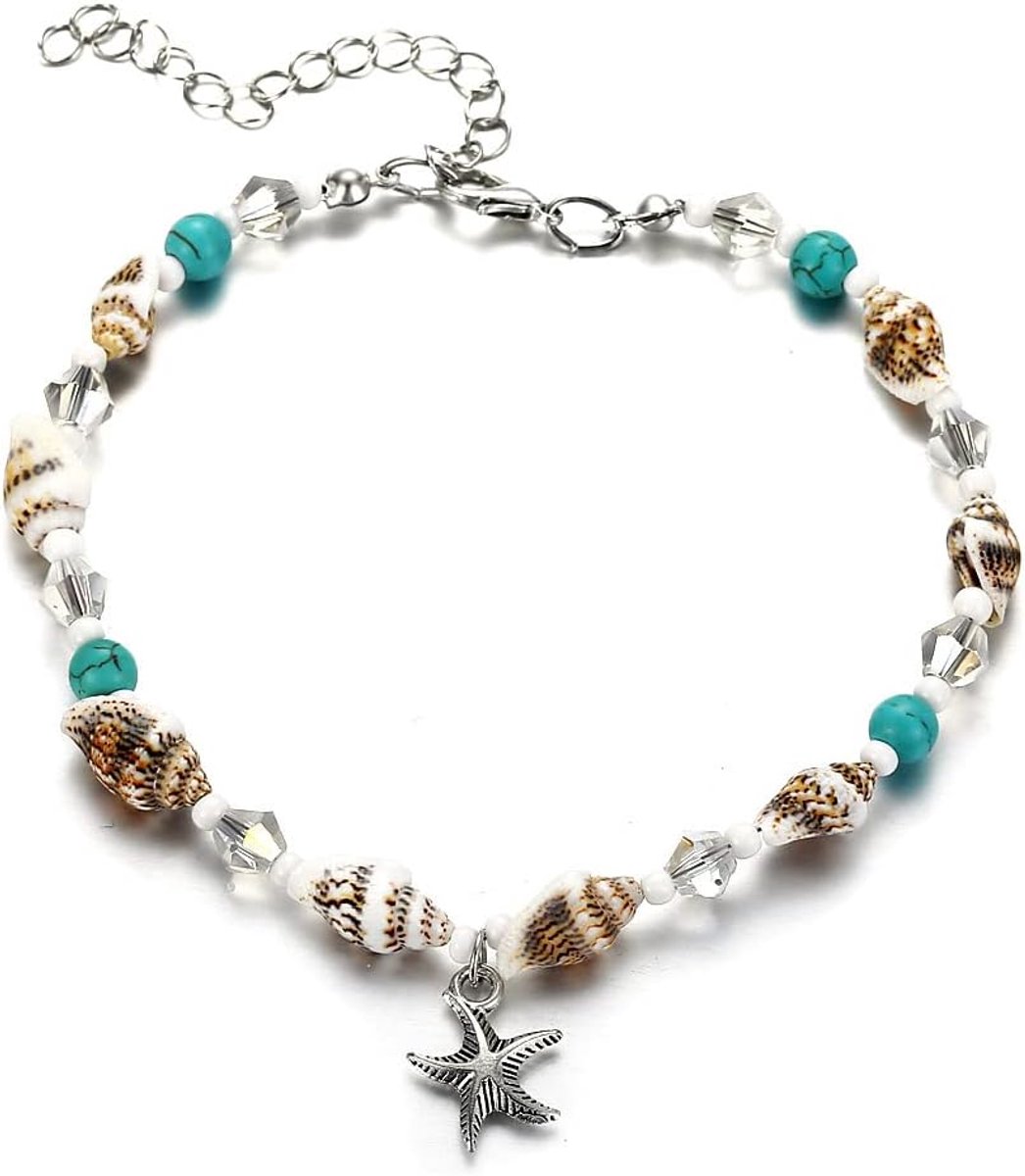 Enkelbandje met schelp en sterrenvis - turquoise - zilver met een uniek design - perfect voor zomerse looks - ShopVlot