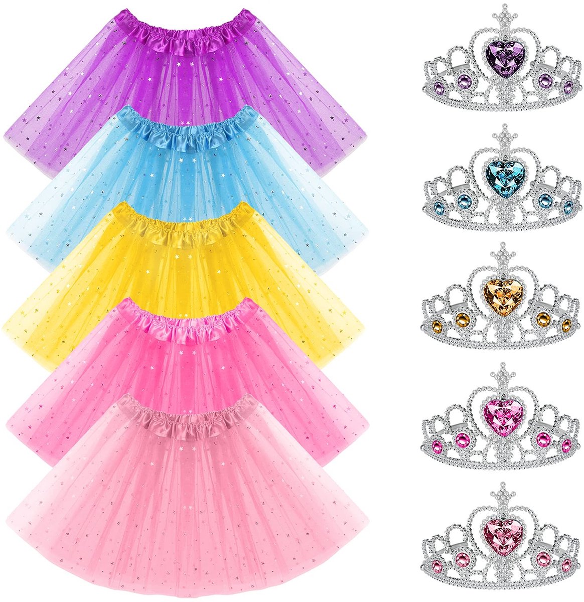 Solidchoice - Set van 5 Prinsessen Tutu's en Kroontjes voor Meisjes