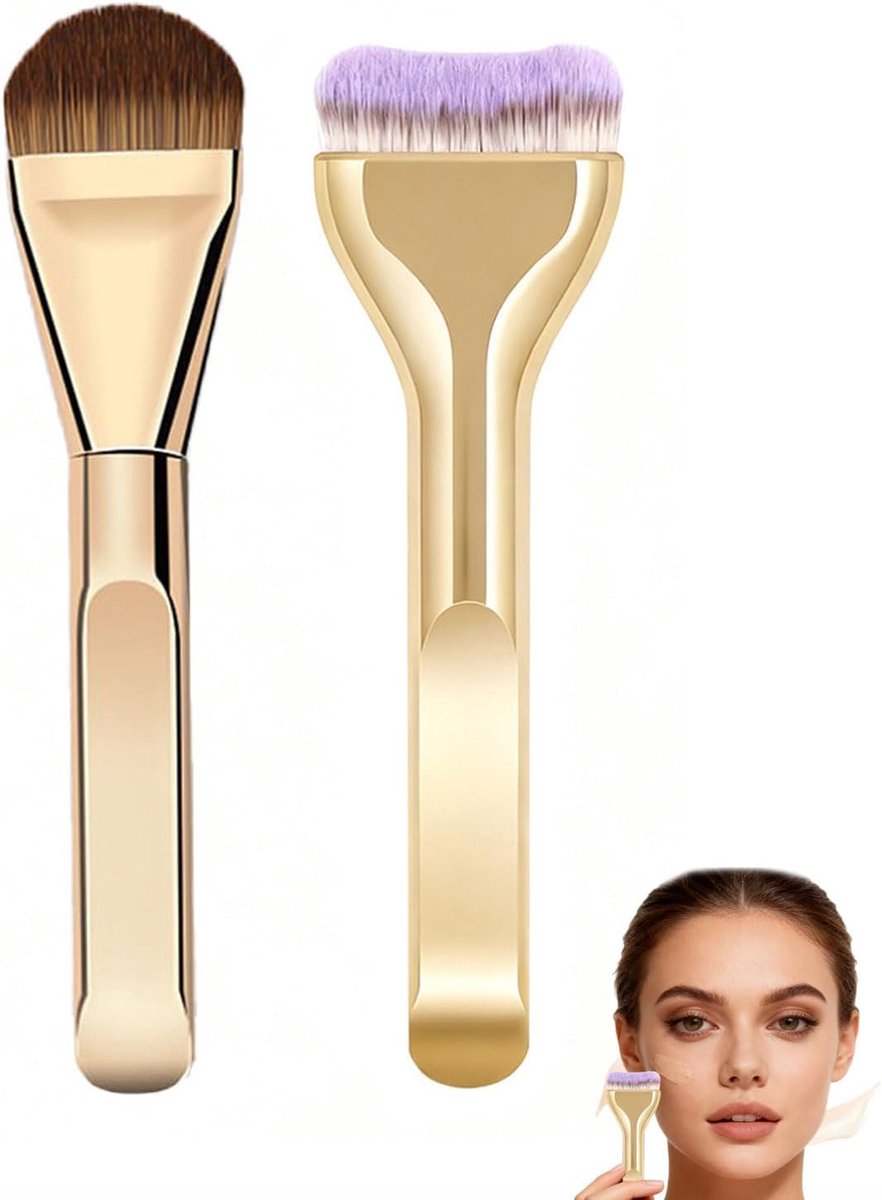 Make-up kwasten set 2 stuks - ultra dunne foundation en concealer kwasten - goudkleurig - ideaal voor een flawless look - ShopVlot