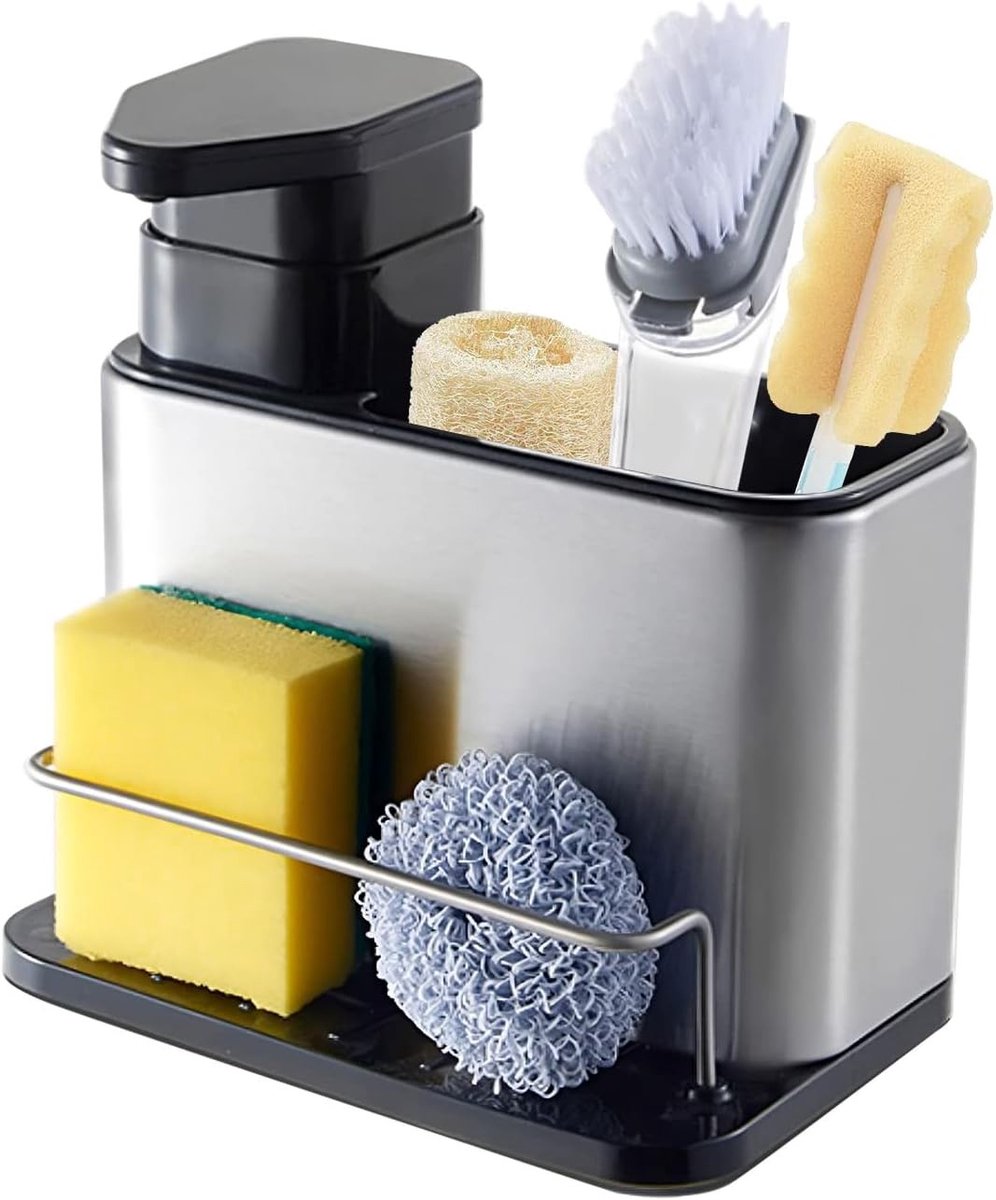 Spoelbak-organizer met afwasmiddeldispenser - Roestvrij staal - 18,8 x 18 x 12,8 cm - 3-in-1 Keukenorganizer met Lekbak - Voor Huishoudelijk Gebruik
