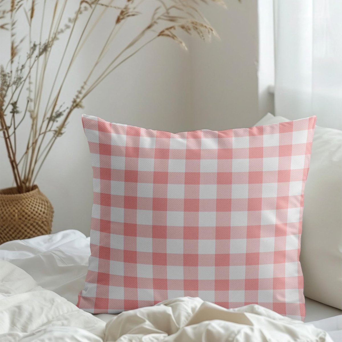 Cushion Covers Percale Set of 2 50x50cm Dusky Pink Plaid Farmhouse Pillowcases Square Pillow Cases for Sofa Living - ShopVlot