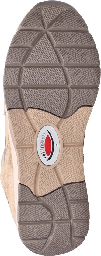 Onderkant van een lichtbruine suède sneaker met grijs profiel en logo.