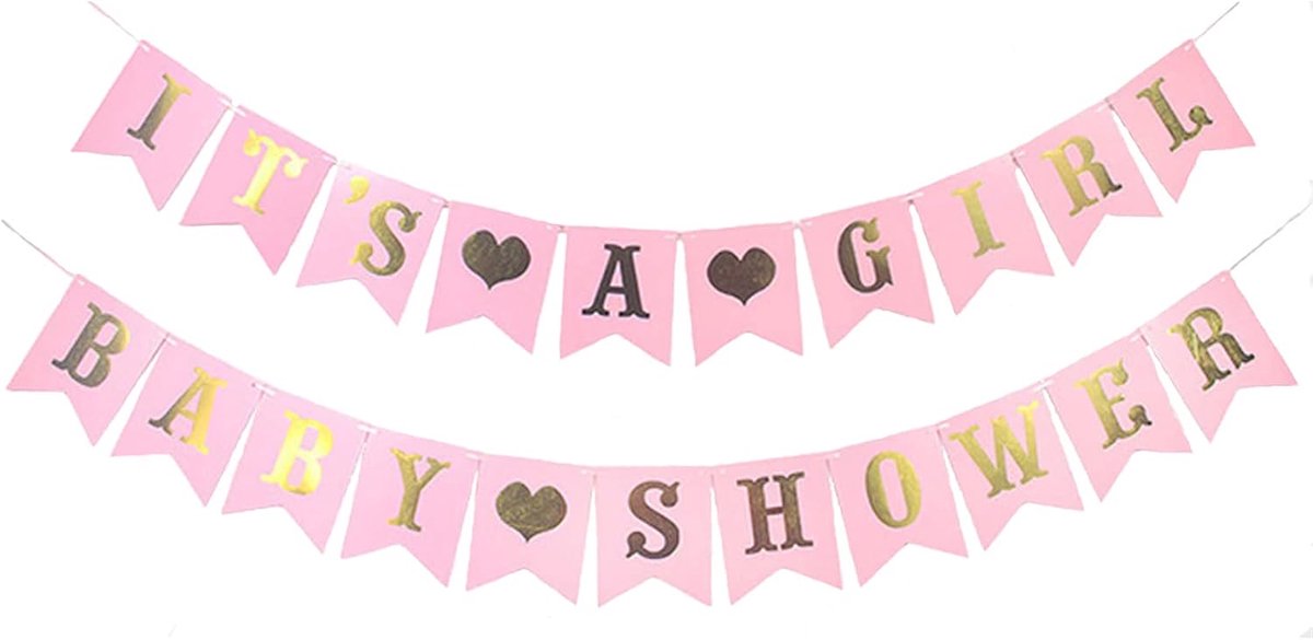Babyshower Decoratie Set - Feest Slinger - Meisjes Feest Vieren - Gouden Glitter Finish - 2 Slingers - Roze