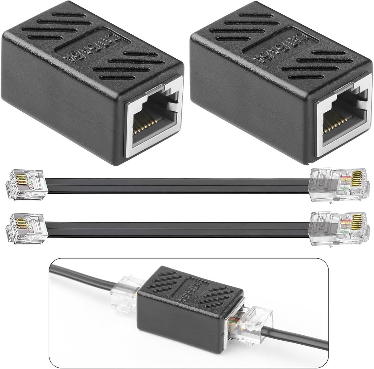 2pcs RJ45 coupler Cat6 with 2 patch cables Rj45-Rj11, ethernet female to bus, fully shielded network plug, inline - ShopVlot