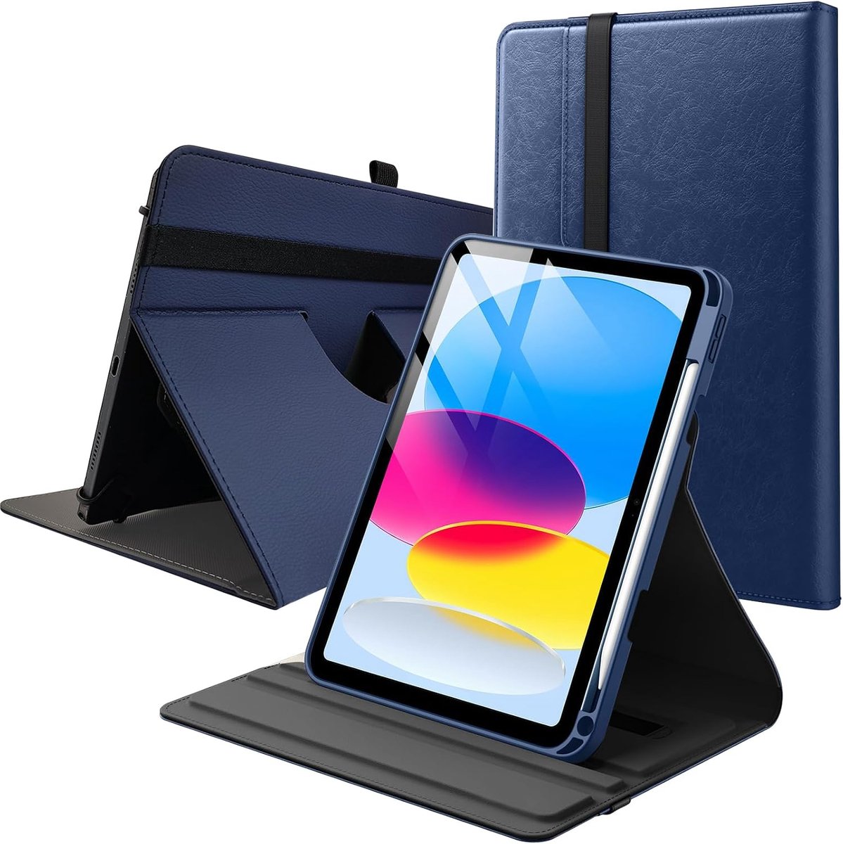 Tablet Case, 360 Degree Rotatable with Pen Compartment, PU Leather and TPU, Inside, Blue, Non-Slip, Auto-Wake/Sleep - ShopVlot