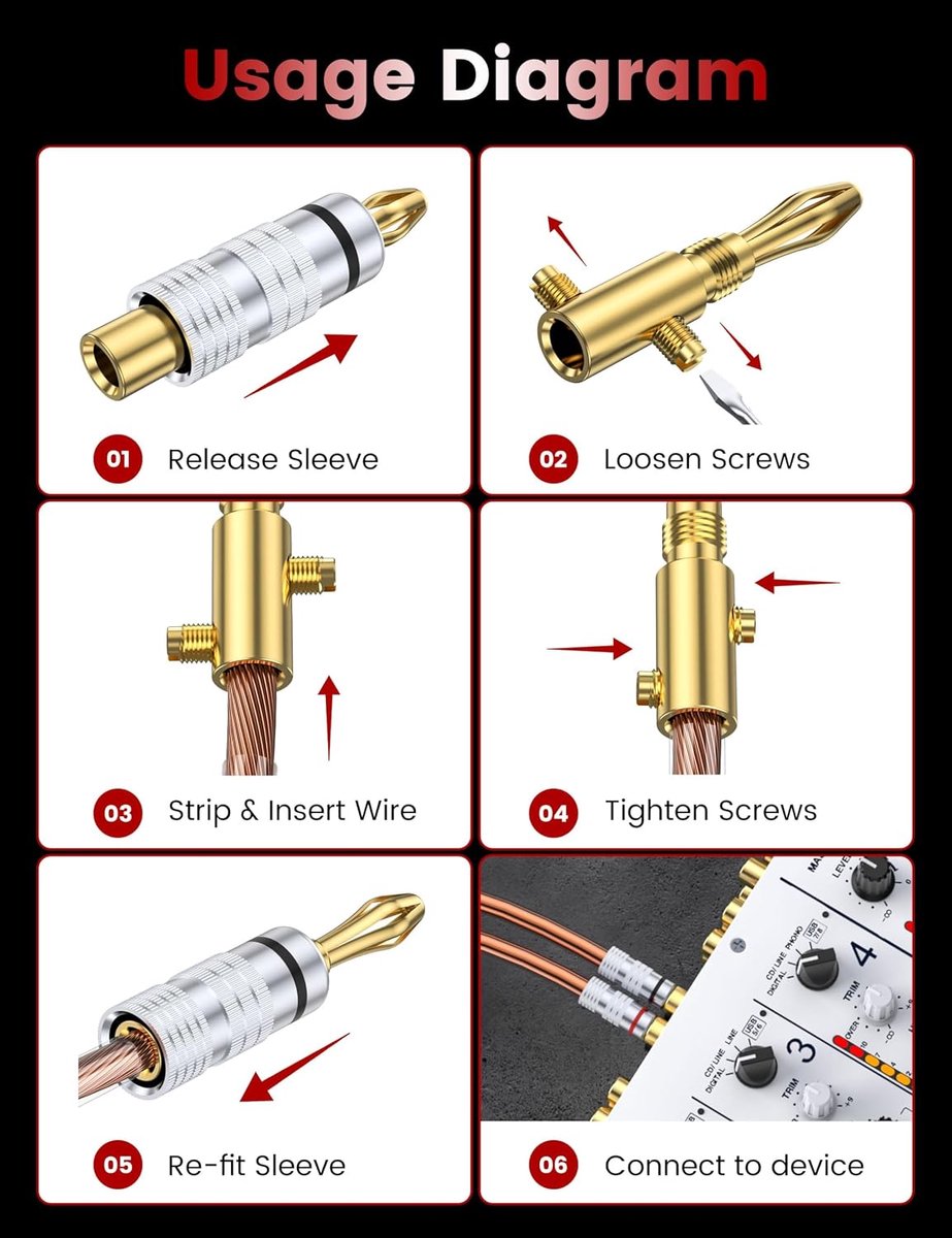 MOSWAG 4 Pairs Banana Plugs for Speaker Cable - 24K Gold Plated Banana Adapter Connector - ShopVlot