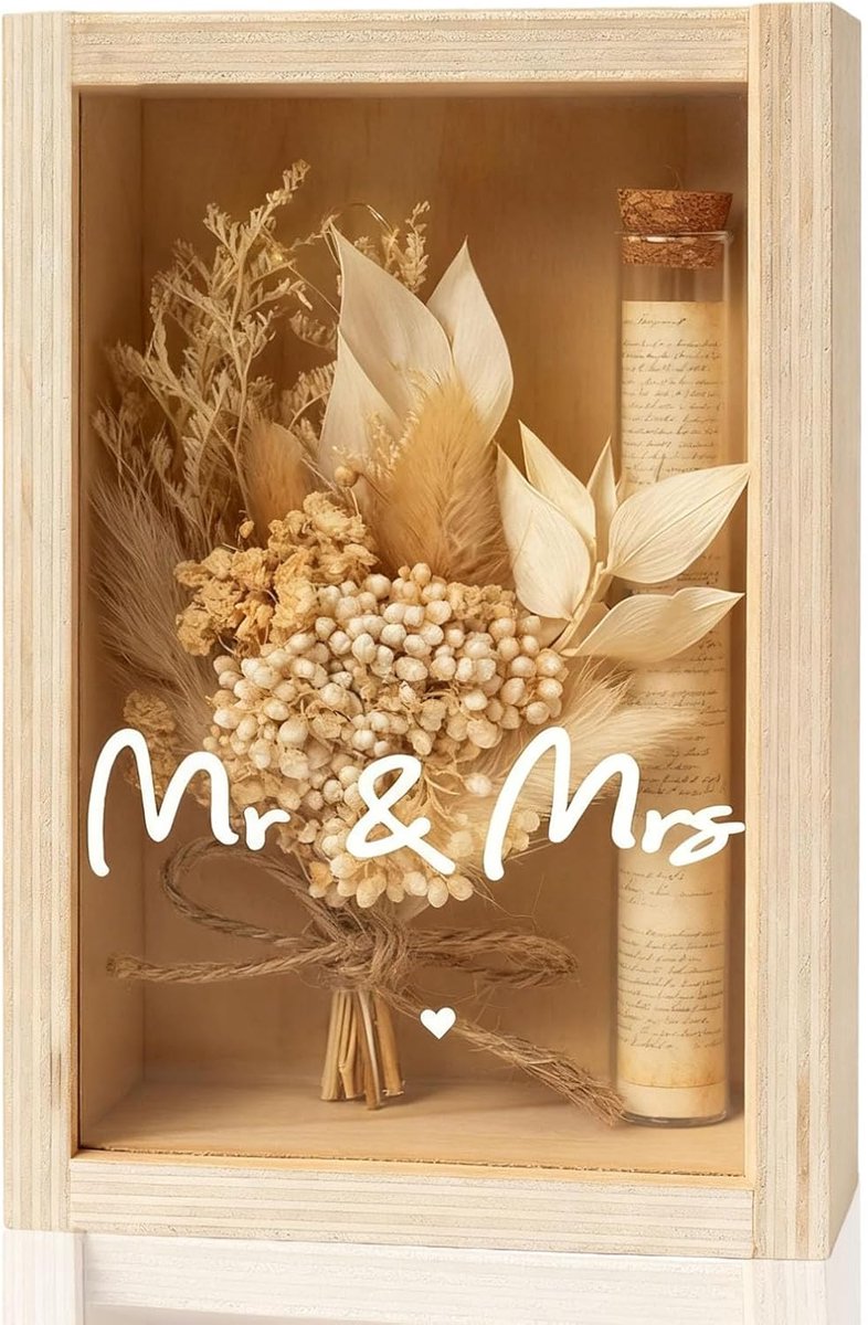 Huwelijkscadeaus voor bruidspaar, 11 × 16 cm, geldgeschenken verjaardag, huwelijkscadeau, houten doos + droogbloemen + - ShopVlot