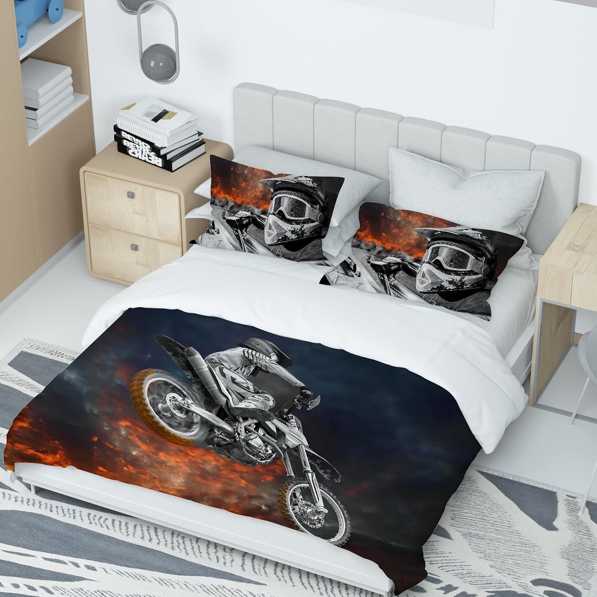 Motocross Bedding Set, 3D Printed Pattern, Extreme Sport Motorcycle Theme Duvet Cover with 2 Pillowcases, for - ShopVlot