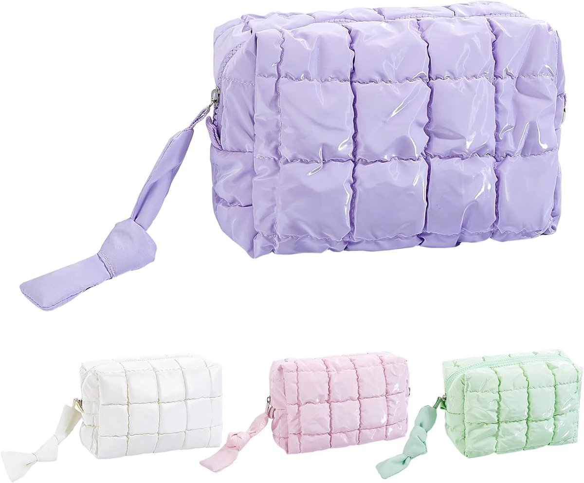 4 stuks Puffer Gewatteerde Make-uptas, Leuke Geruite Rits Tas Cosmetische Zakken Puffy Reizen Toilettas Make Up Pouch - ShopVlot