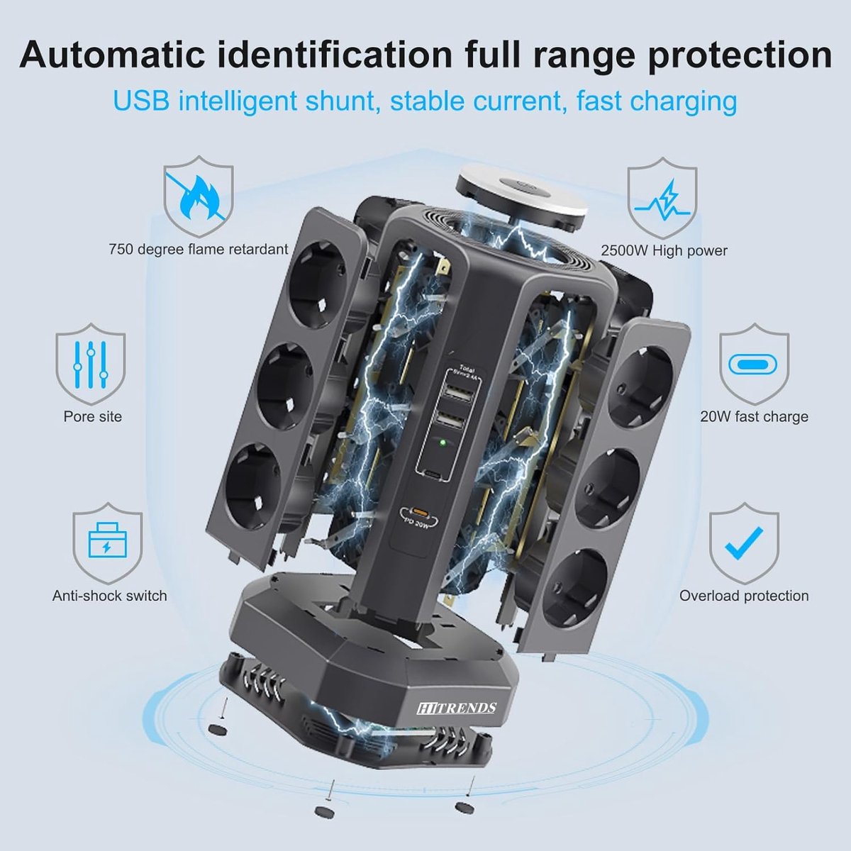 Power Tower, 12-Way Multiple Plug, 4000 W Power Strip Surge Protection, Table Socket with 2 USB A+ 2 USB C(PD 20W) - ShopVlot