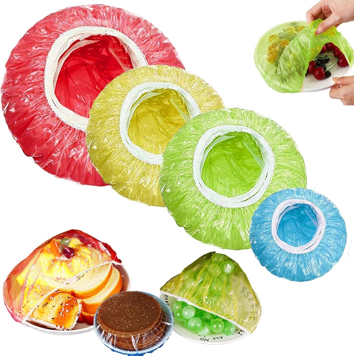 Pack of 96 Elastic Food Storage Bags, Reusable Food Cover Covers, Waterproof Sealing Bags, Four Sizes, Colourful for - ShopVlot