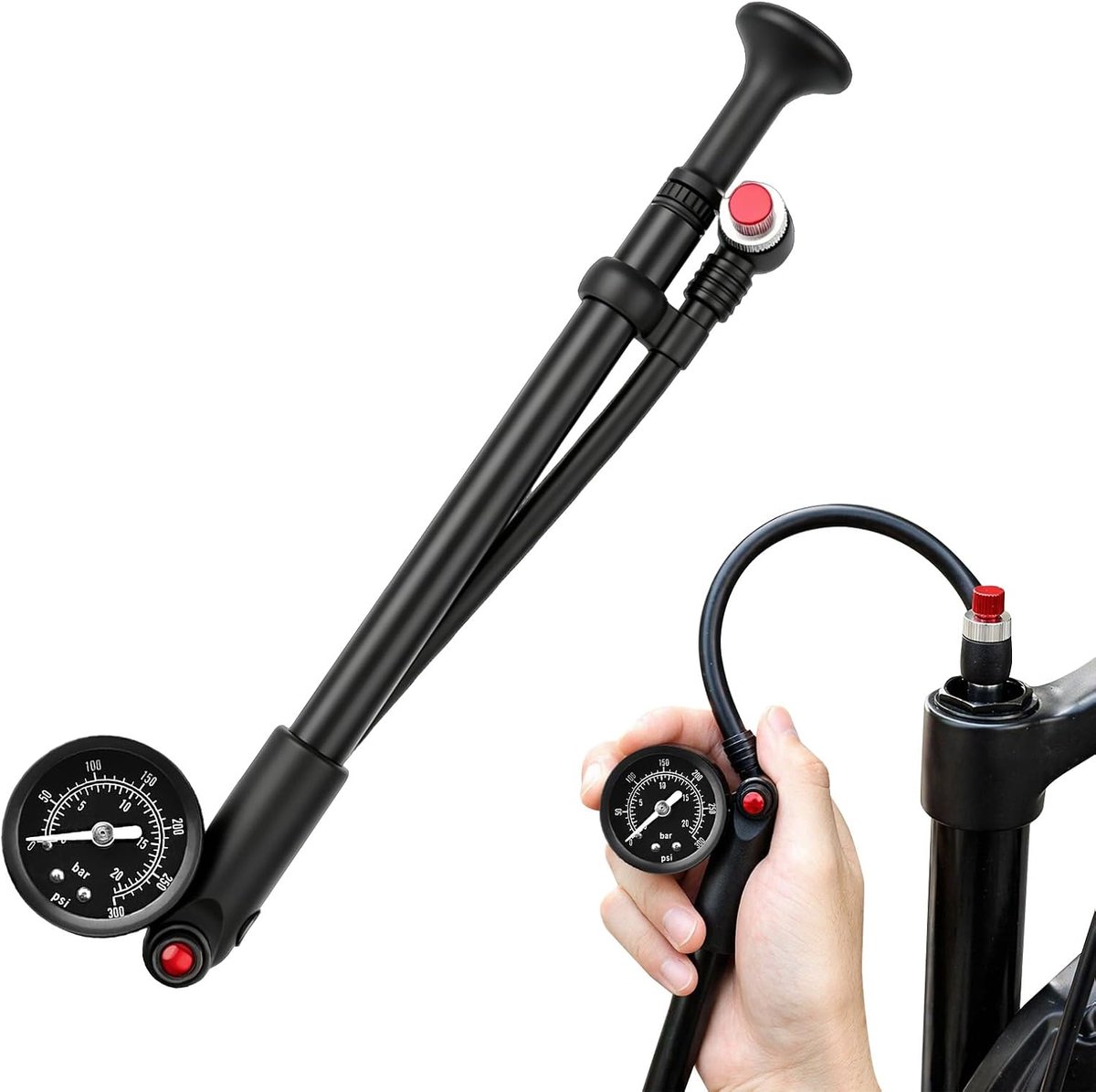 Demperpomp voor fiets, 300 psi, hogedruk-luchtpomp voor luchtvork en demper, draagbare mini-demperpomp met manometer - ShopVlot