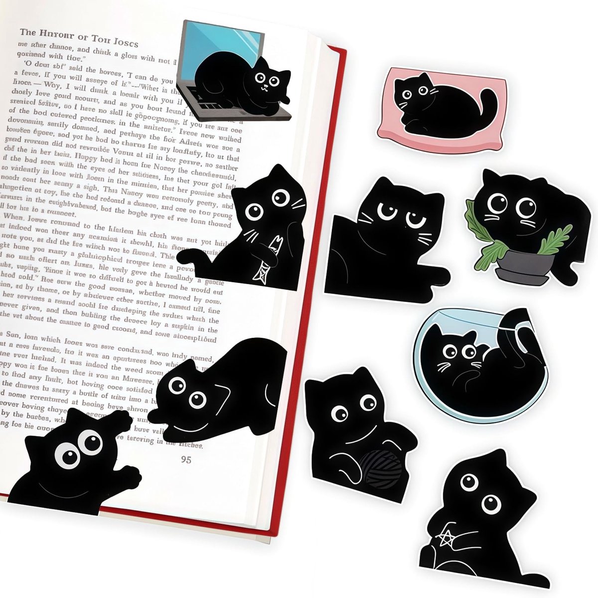Solidchoice - Set van 10 Magnetische Bladwijzers met Schattige Zwarte Kat