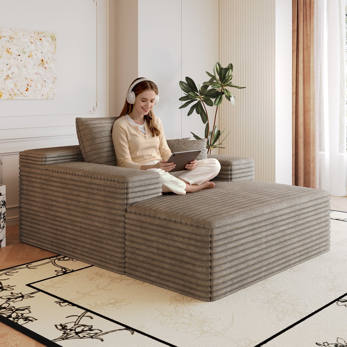 OKWISH Chaise Longue 115 x 159 Cm - Zachte Corduroy Relaxstoel Zonder Montage - Voor Woonkamer En Slaapkamer - Stof - Camel