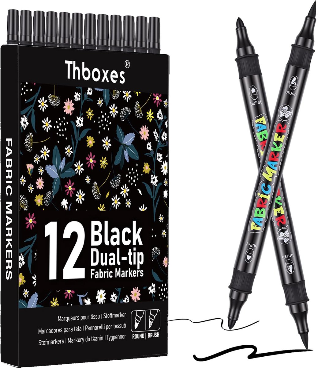 Textielstiften 12 stuks - zwarte dubbele punt - machinewasbaar - ideaal voor T-shirts en canvas - ShopVlot