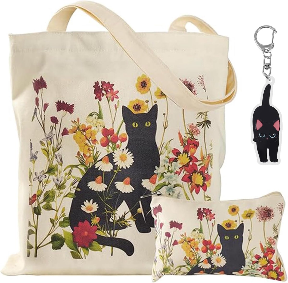 Tote bag canvas met kattenmotief - vintage design - inclusieve sleutelhanger - ideaal voor school en boodschappen - ShopVlot