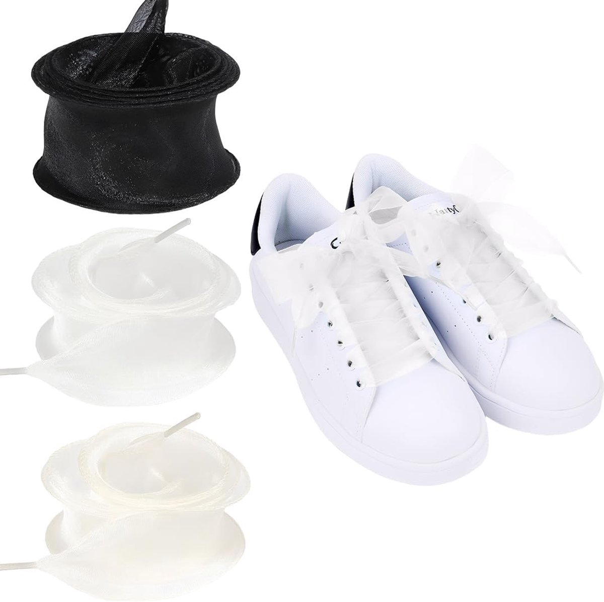 Sportschoenen veters - balletstijl - elastisch en plat - schattige bloemen en kant (zwart + wit + beige) - ShopVlot