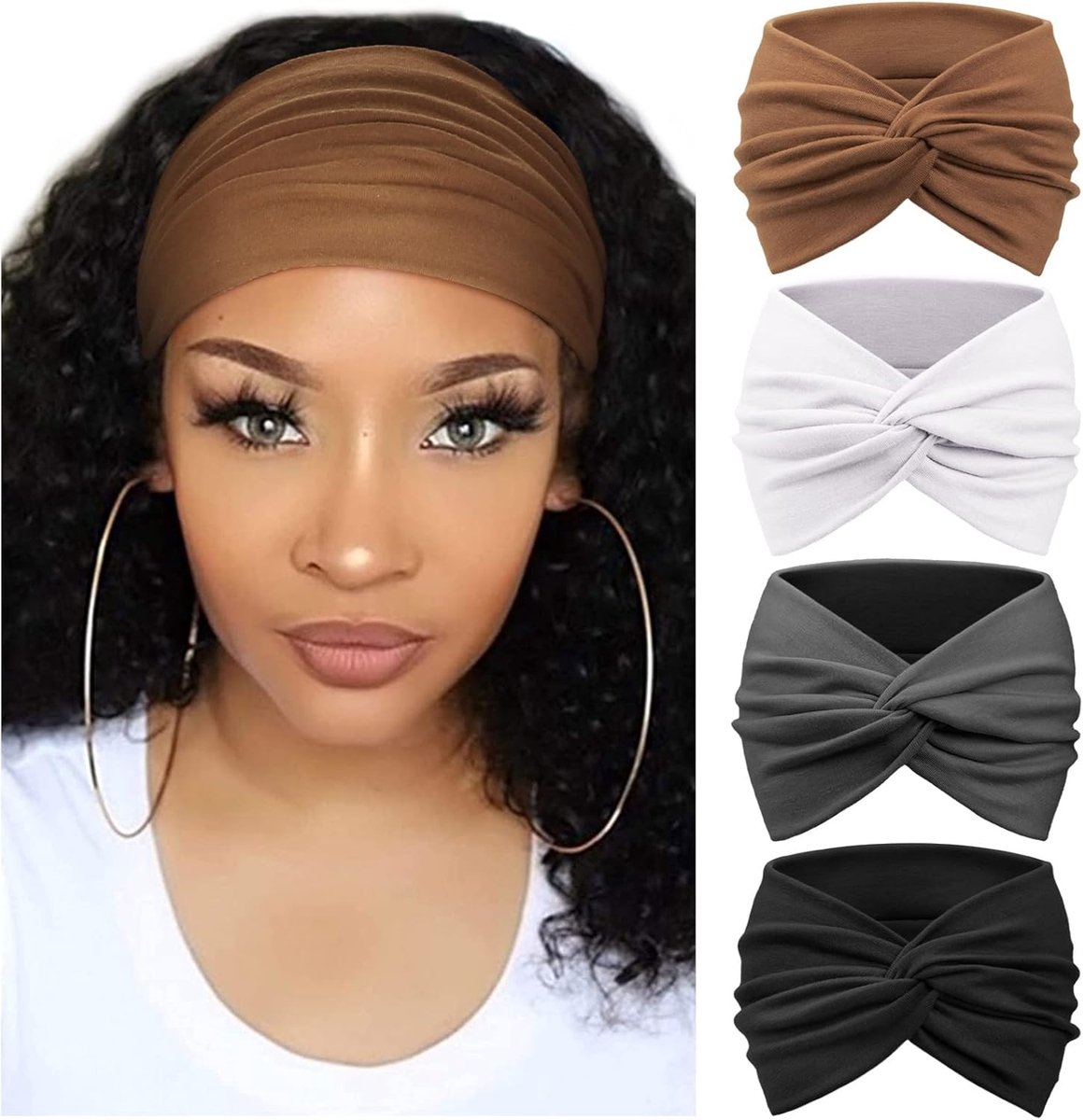 KZQ 4-delige set turban haarbanden voor dames - Brede vintage haarband met knoop - Zacht en stijlvol haaraccessoire - Zwart, donkerbruin, wit en grijs