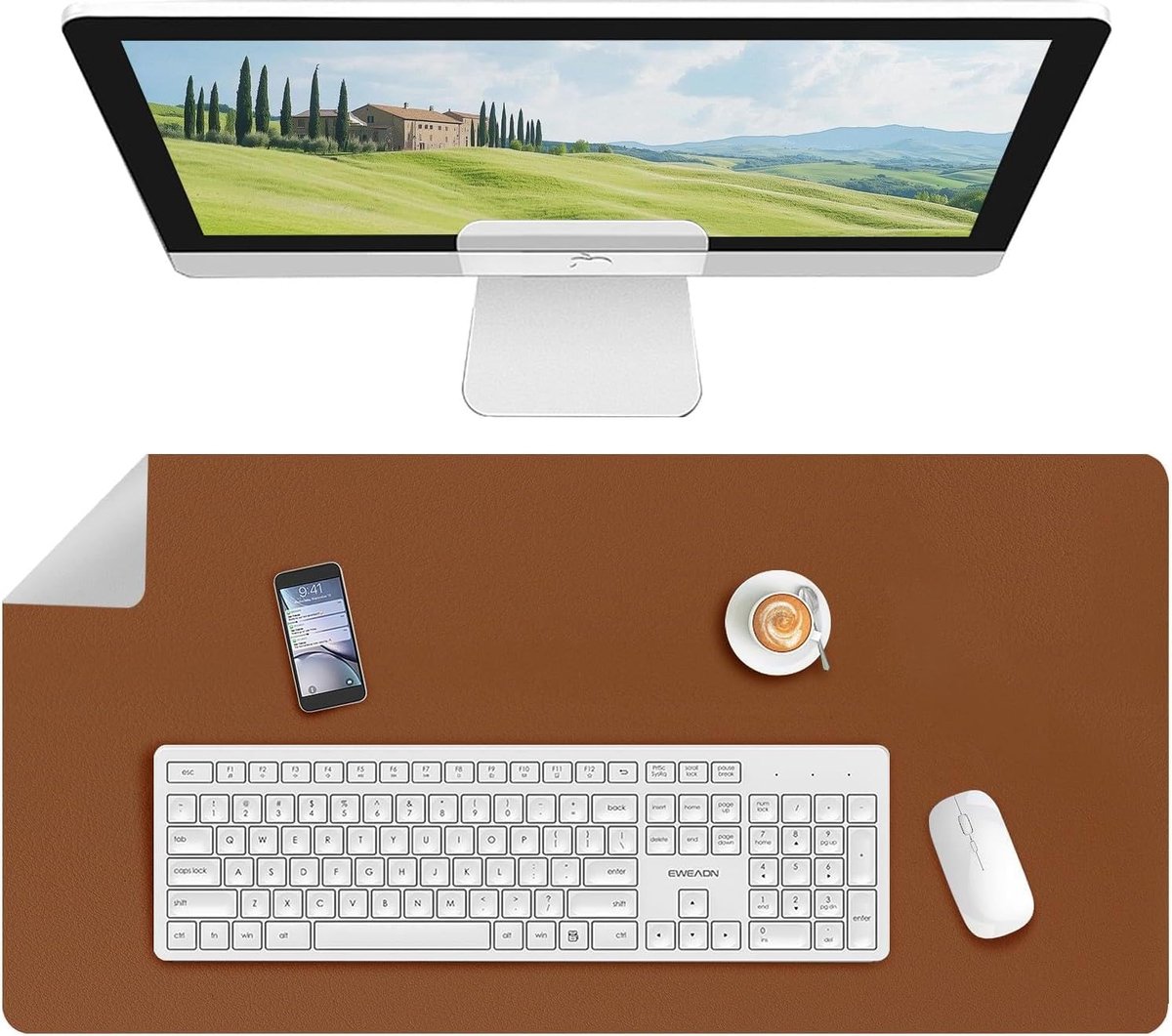 Bureauonderlegger 80 x 40 cm - bruin-grijs PU-leer - antislip - beschermt bureau tegen krassen - ShopVlot
