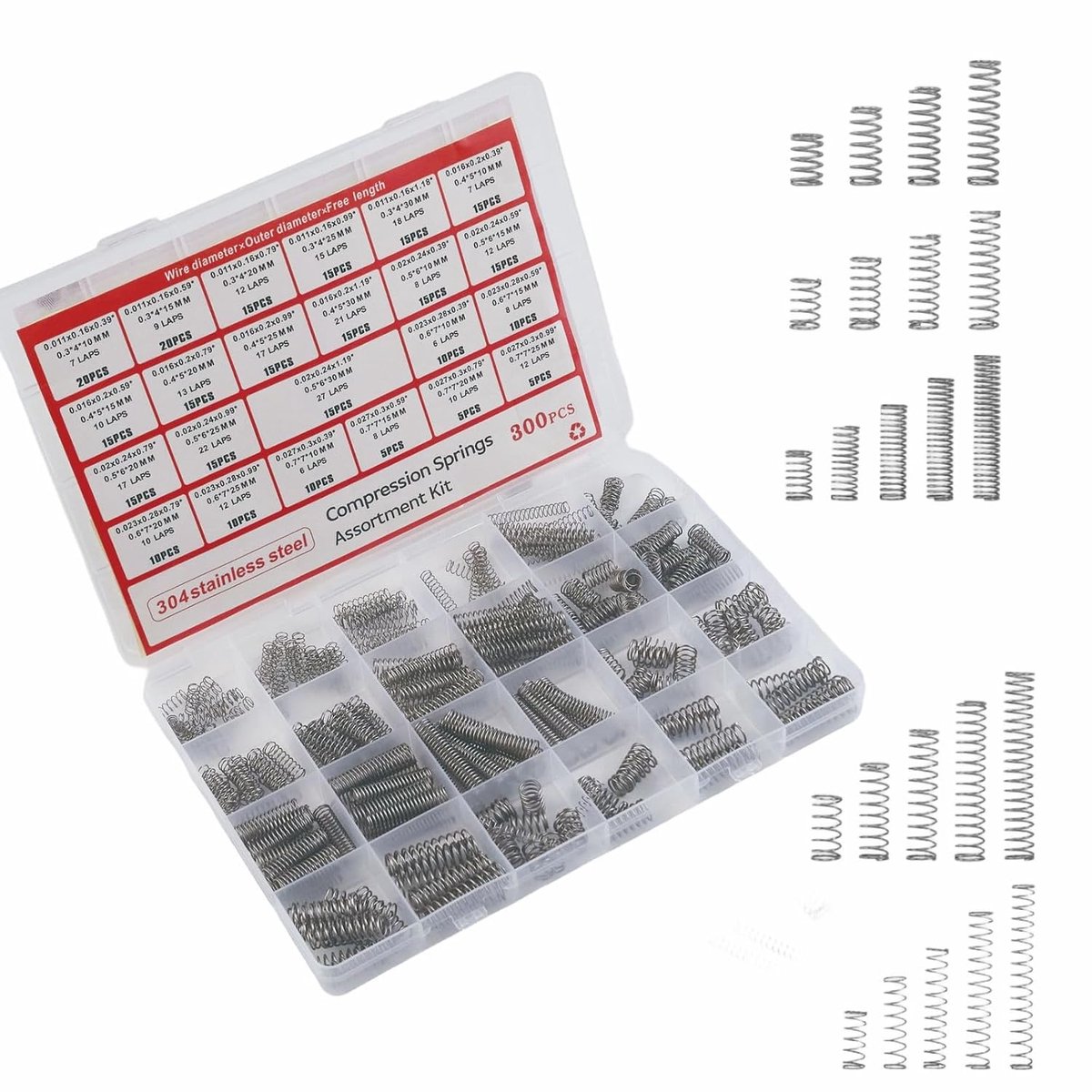 300 stuks drukveren assortiment kit, 23 maten mechanische metalen mini-veren, 304 roestvrij stalen drukveer voor - ShopVlot