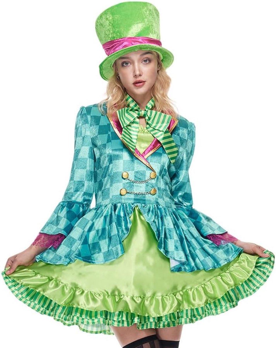 EraSpooky Adult Women Hatter Costume Mad Tea Party Halloween Cosplay with Bowknot Top Hat - ShopVlot