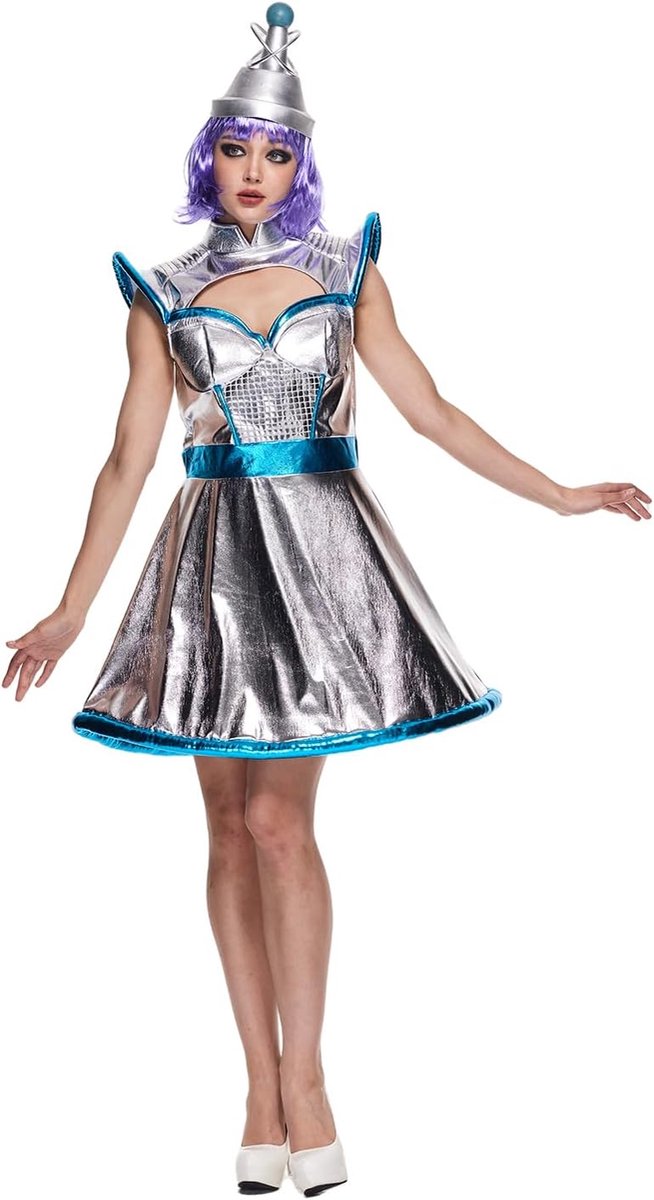 EraSpooky Women's Sexy Space Alien Costume Vintage Adult Shiny Metallic Robot Dress with Hat - ShopVlot