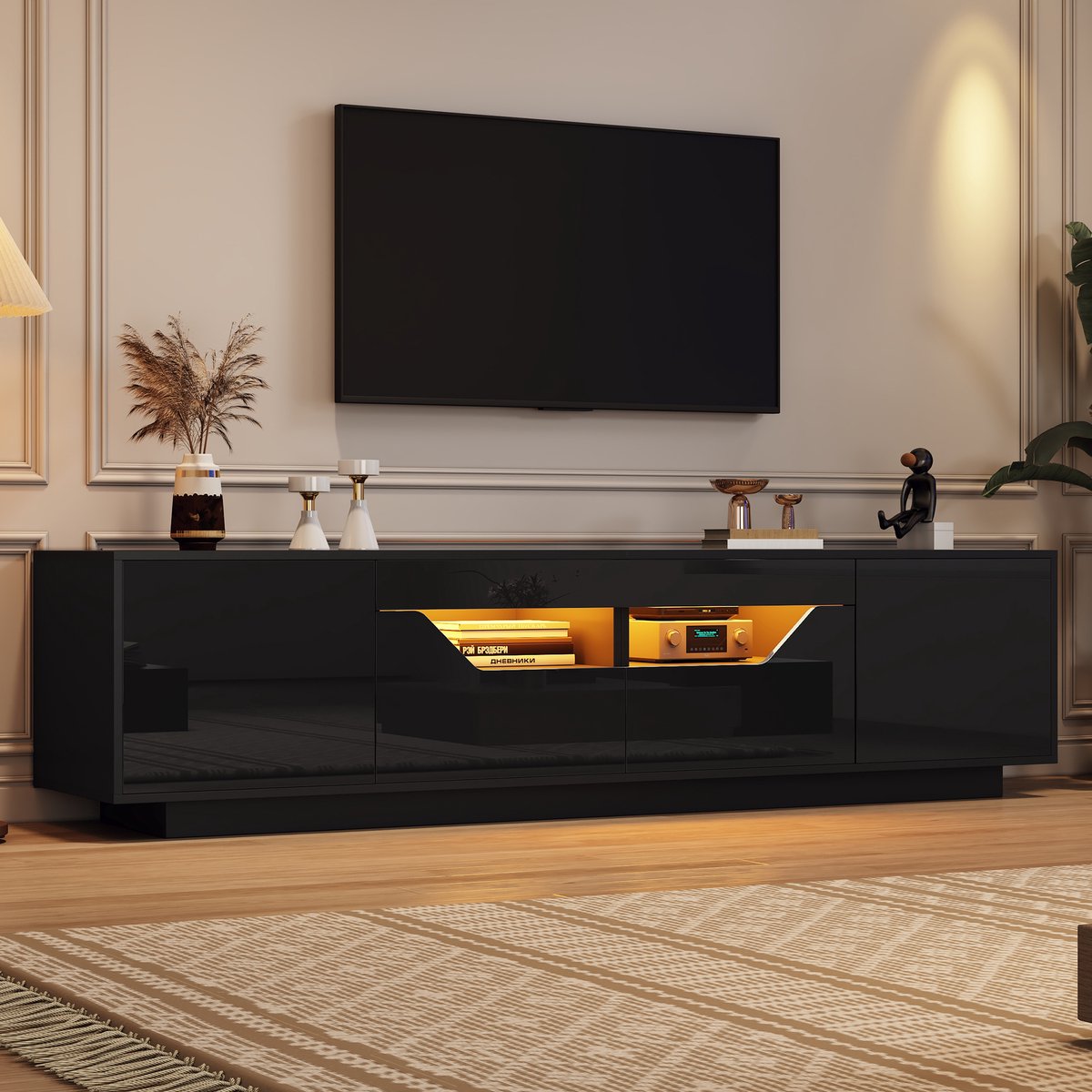 DESMIU Dressoir - Tv Meubel Met Ledverlichting En 2 Lades - Voor Woonkamer En Televisies Tot 75 Inch - Spaanplaat - 180x40x45 Cm - Zwart