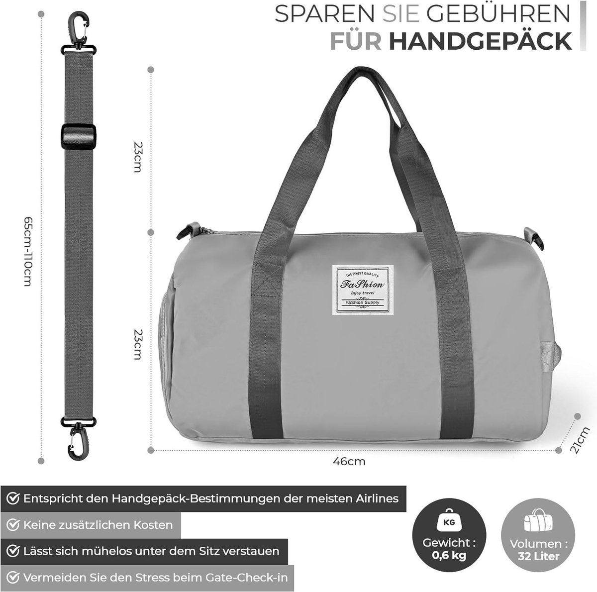 Reistas met Schoenenvak en Nat Vak - Grijs - 46 x 21 x 23 cm - Waterdichte Sporttas - Voor Gym en Reizen