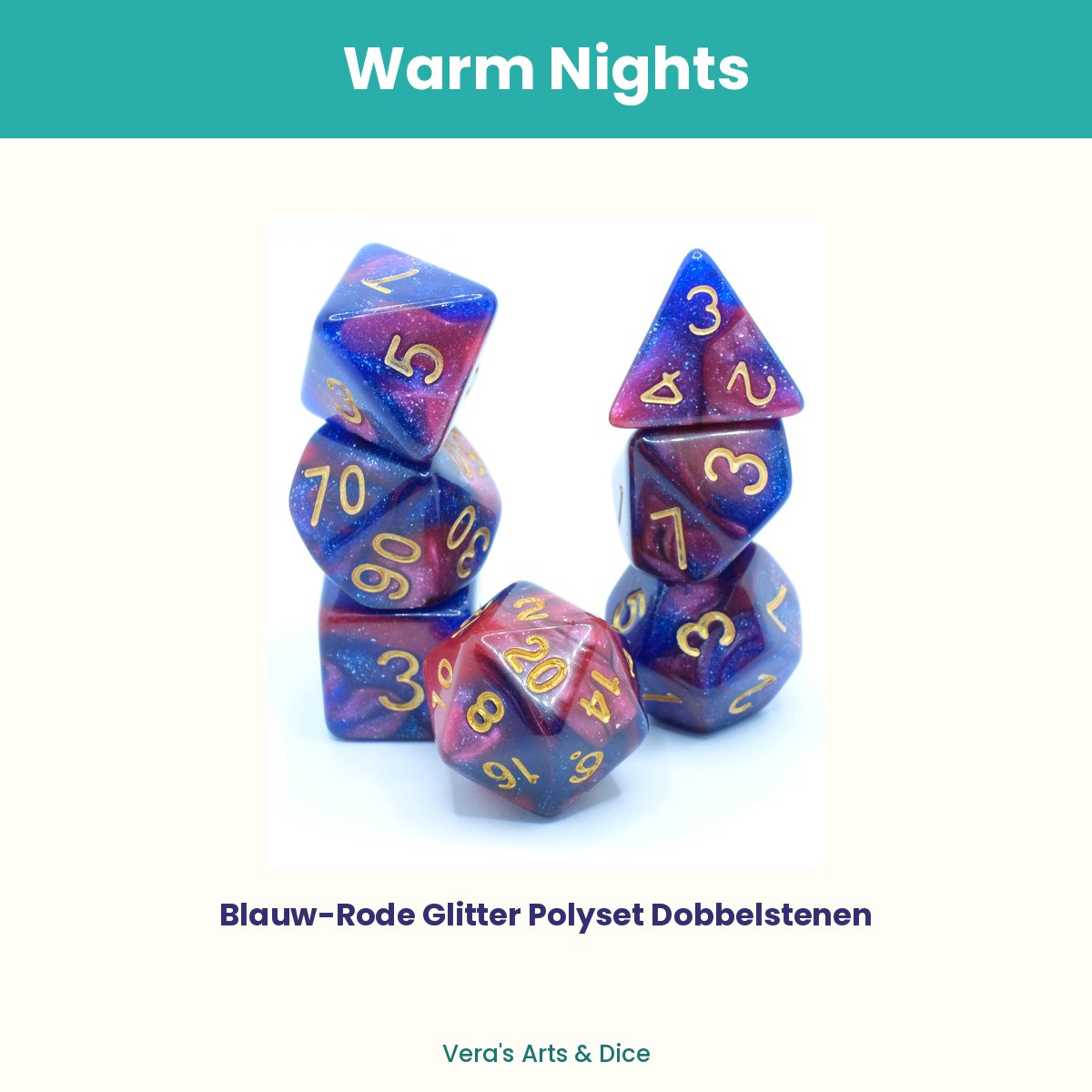 Warm Nights - Vera's Arts & Dice - Dobbelstenen Set - 7-delig - Blauw Rood Goud Glitters - D&D RPG