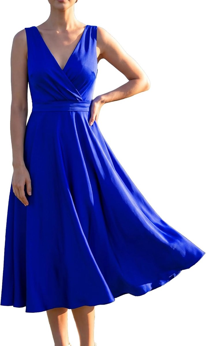 Cocktailjurk V-hals midi-lengte - mouwloos melkzijde - elegant ontwerp - perfect voor feestjes - ShopVlot