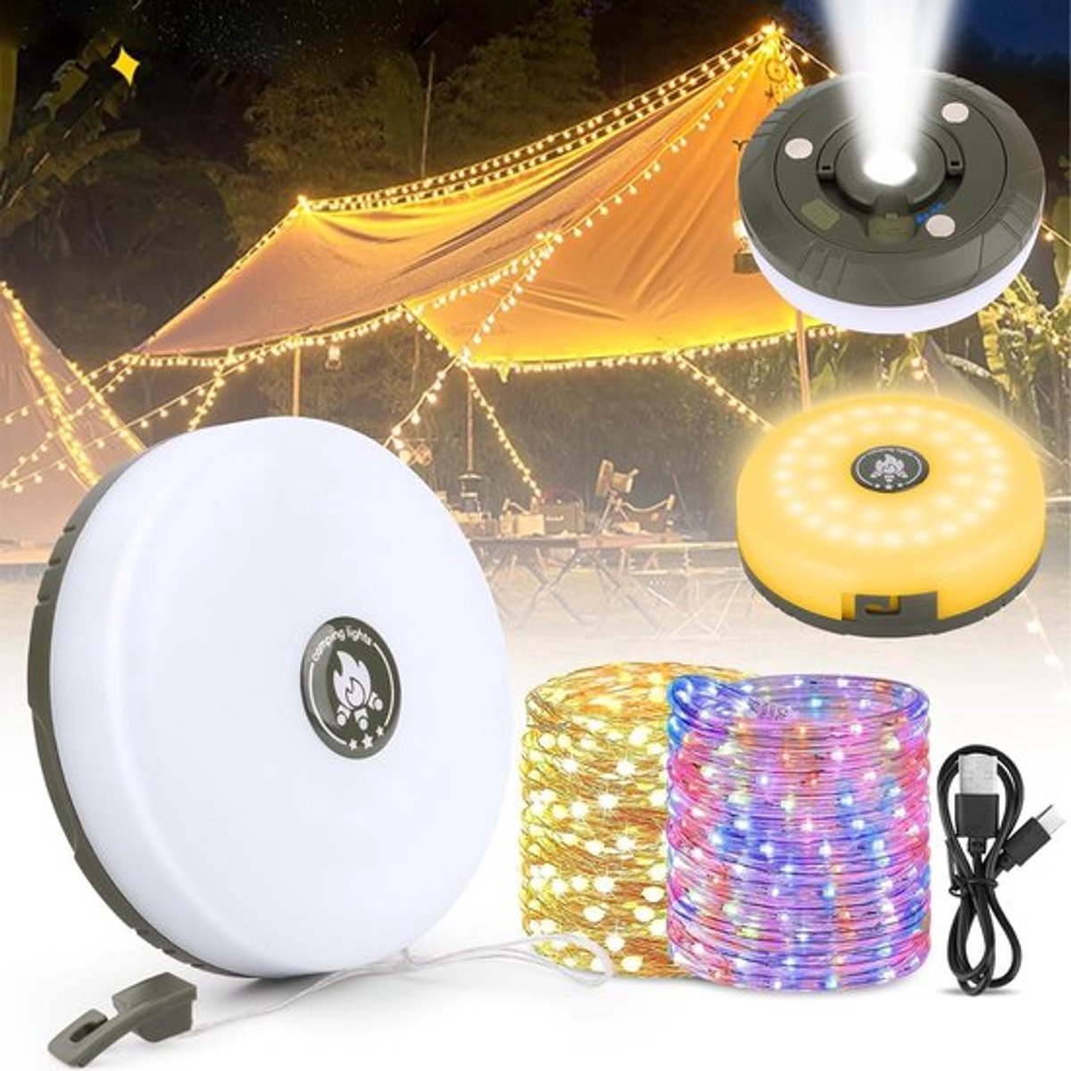 Lichtsnoer, campinglamp, inklapbaar, met 10 m led-lichtketting, draagbaar, waterdicht, campinglicht, USB, oplaadbaar, voor slaapkamer