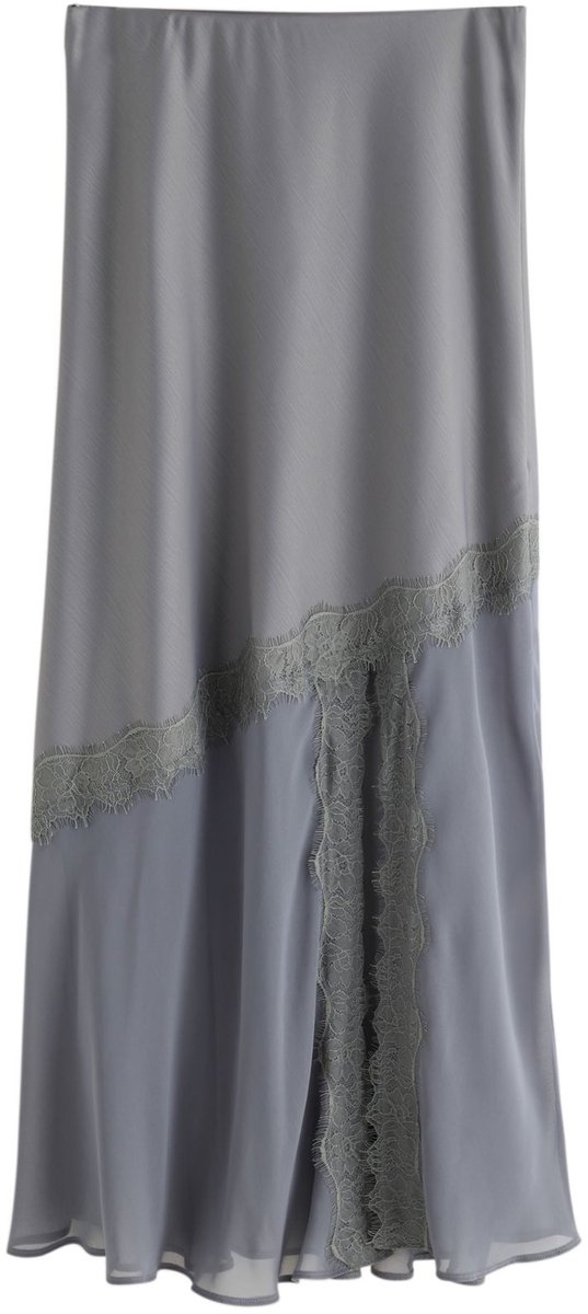 Next - Dames - Midi-rok van satijn met mesh en kanten rand - Grijs
