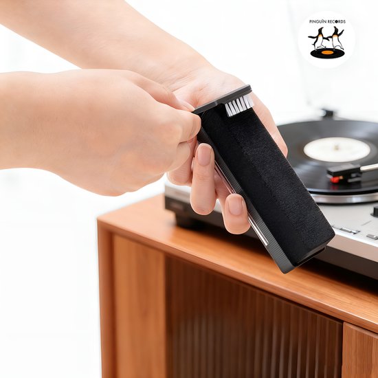 Handen gebruiken de vinyl borstel met borsteltje op een LP.