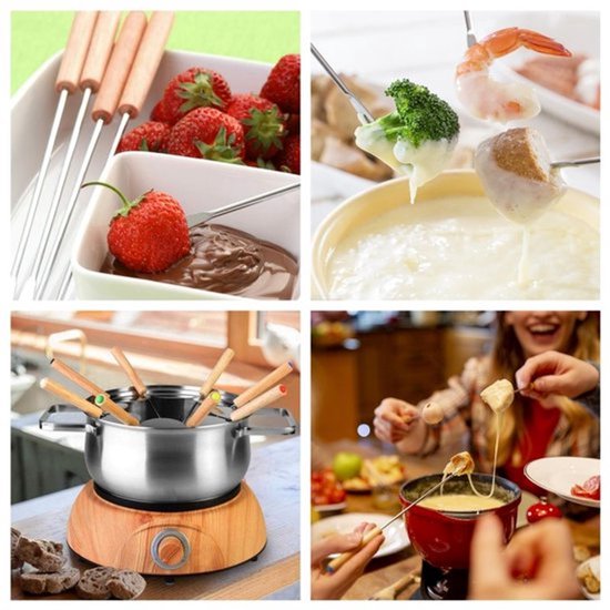 6 stuks - roestvrijstalen fonduevorken - lange fondue prikkers - met houten handvat - ideaal voor chocoladefontein, kaasfondue, geroosterde marshmallows en fruit - 24cm — afbeelding 5
