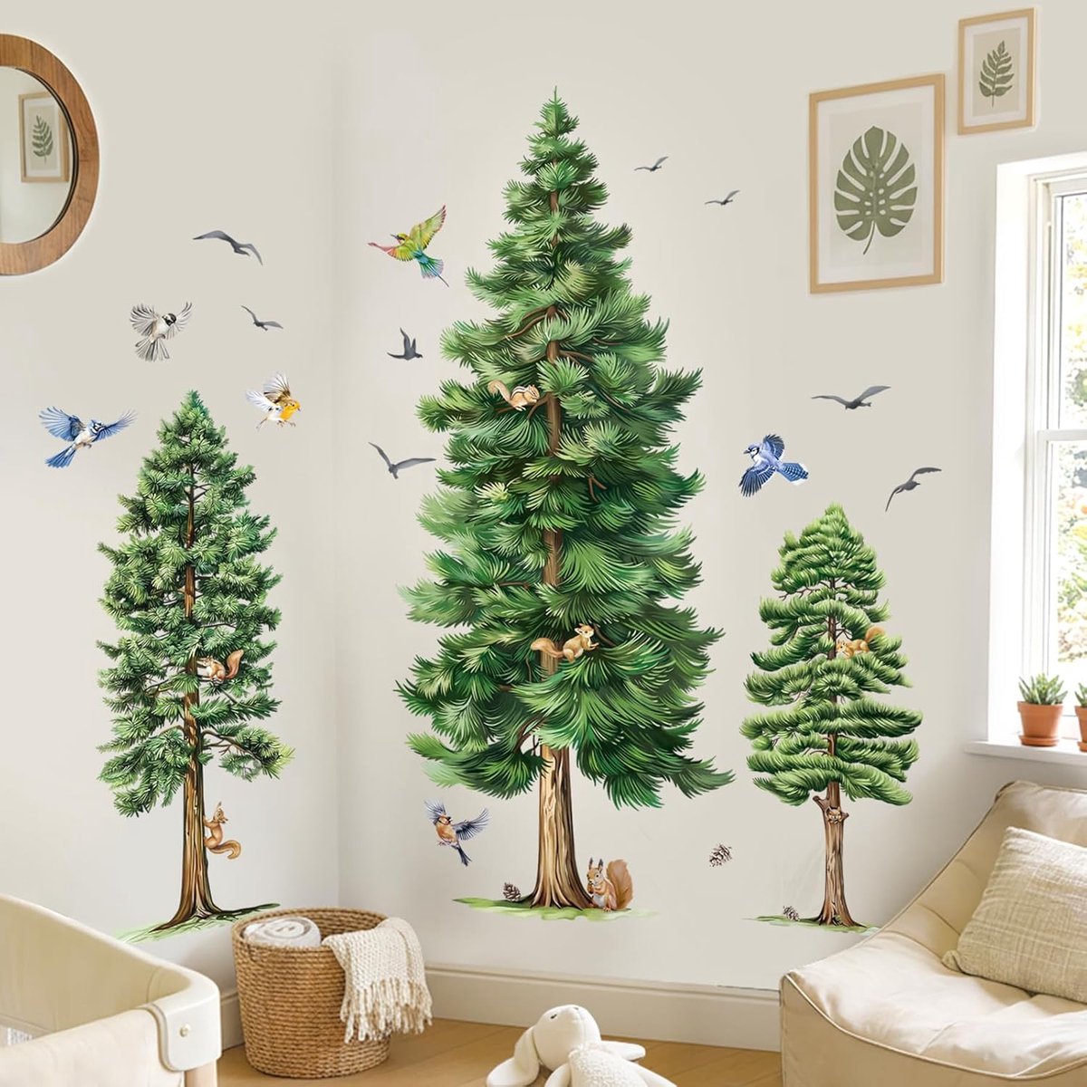 Muurstickers dennenboom groot - aquarel boom met vogels - eenvoudig aan te brengen - ShopVlot