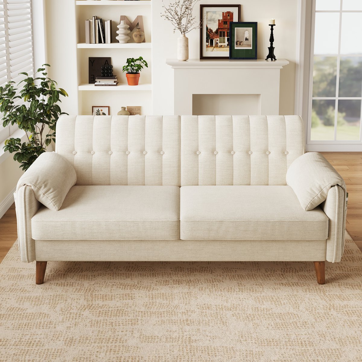 OKWISH Zitbank - 2-Zits Design Met Knopenrug, Dikke Zitkussens, 2 Zijvakken En Armleunkussens - Voor Woonkamer - Chenille - Beige