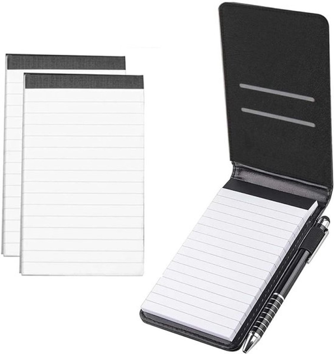Compact notitieboek met pen - 3 stuks - zwart - PU-leer - A7