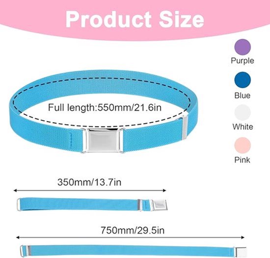 Afmetingen van een lichtblauwe elastische kinderriem, met specificaties voor volledige lengte, uitgerekt en ingekort. Kleurenpalet met paars, blauw, wit en roze.