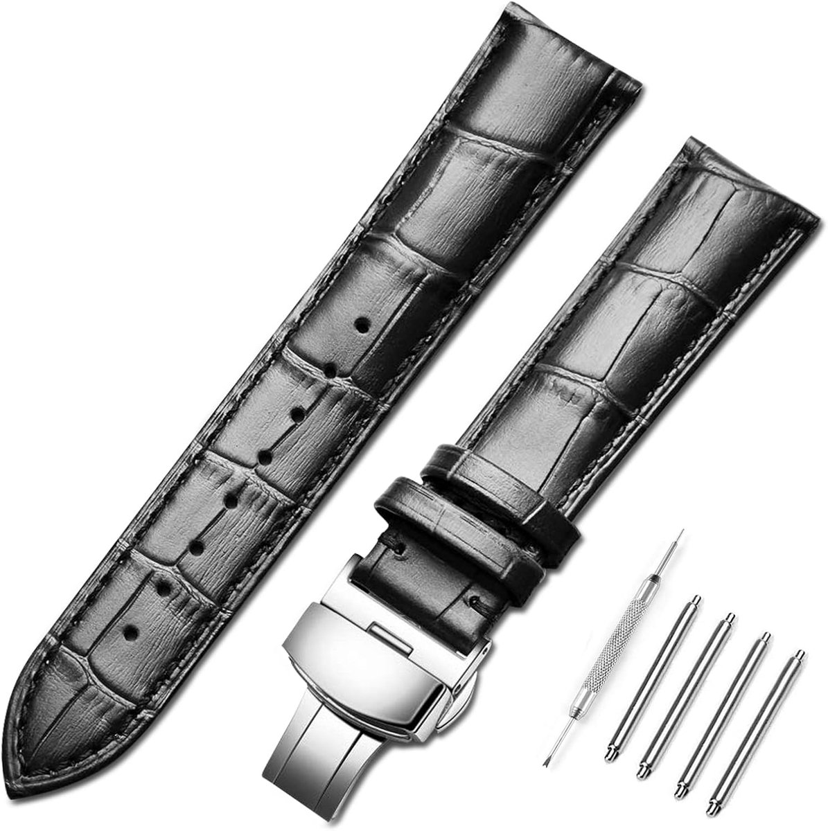 Leren Horlogeband 18 mm 20 mm 22 mm 24 mm - RVS Gesp - Alligator Embossing - Stijlvol voor elke gelegenheid - ShopVlot