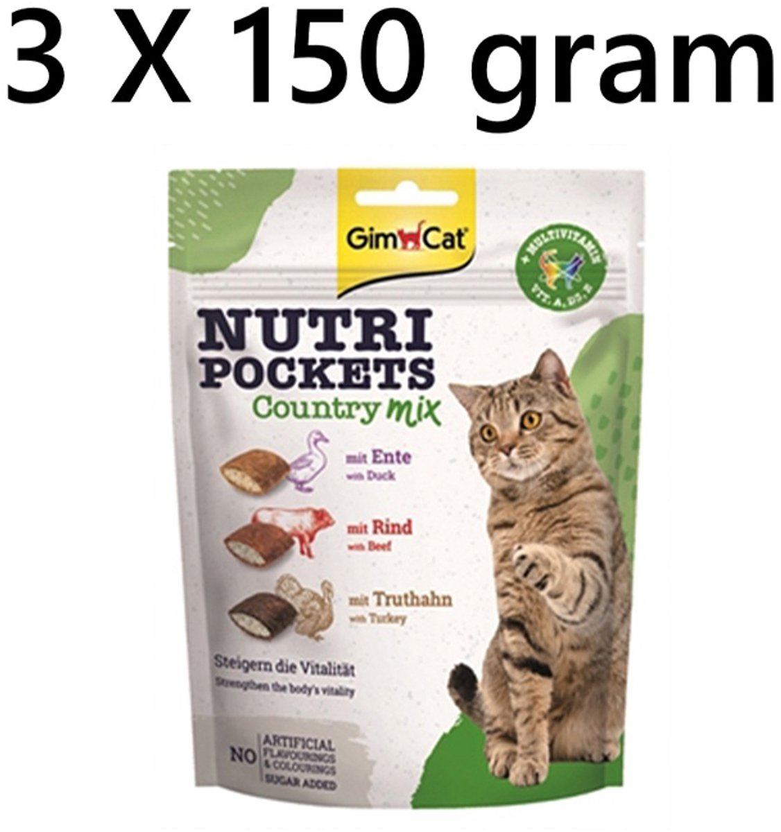 Kattensnack Country-mix - eend rund en kalkoen - gimcat - 150 gr *** 3 X = 450 gram *** geen kunstmatige kleur en smaakstoffen - suiker vrij - verhoogt de vitaliteit van uw kat
