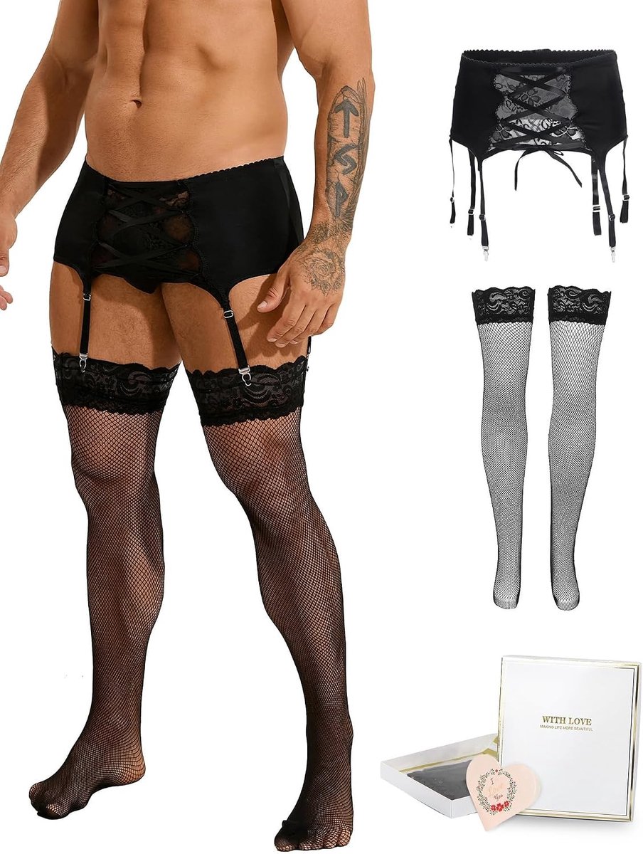 Suspender Belt L - zwart met kant en gaas - 6 clips - voor een verleidelijke look - ShopVlot