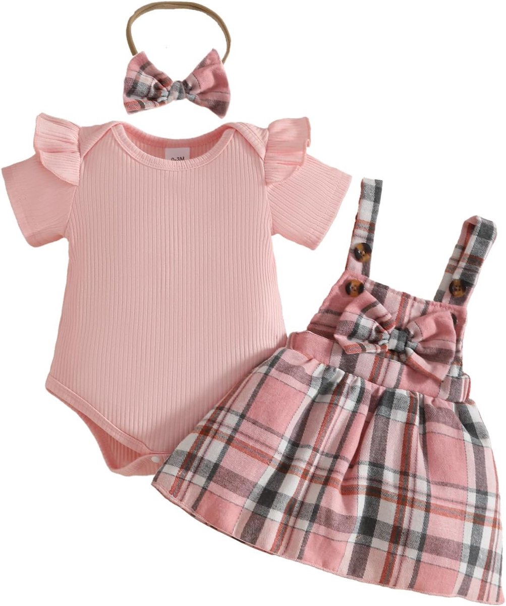 Meisjes kledingset newborn - ribgebreide top - corduroy tuinbroek met strik - schattige zomerkleding set van 3 roze - ShopVlot