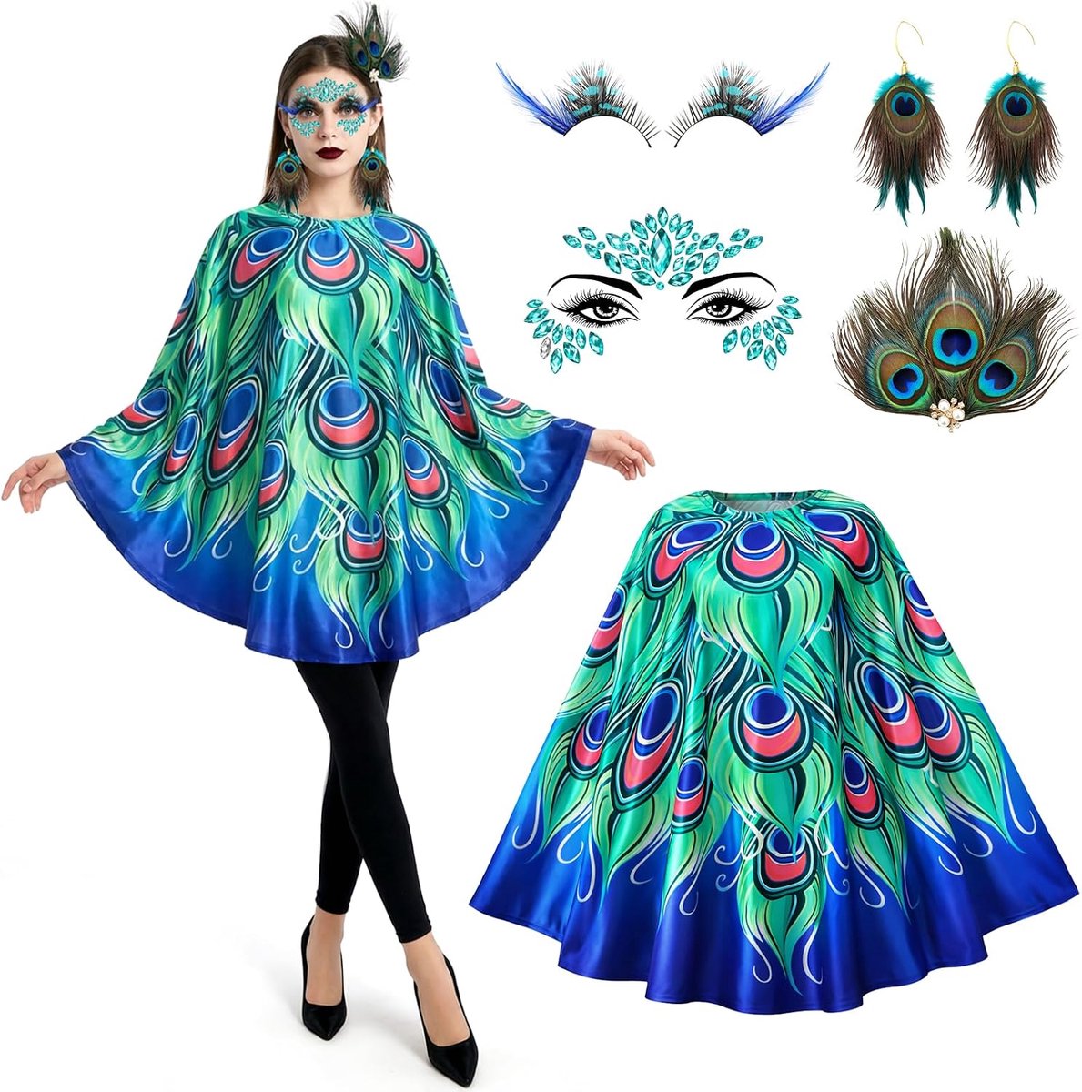Peacock kostuum set voor vrouwen - poncho met veren - haarjuwelen en nepwimpers - ideaal voor carnaval - ShopVlot