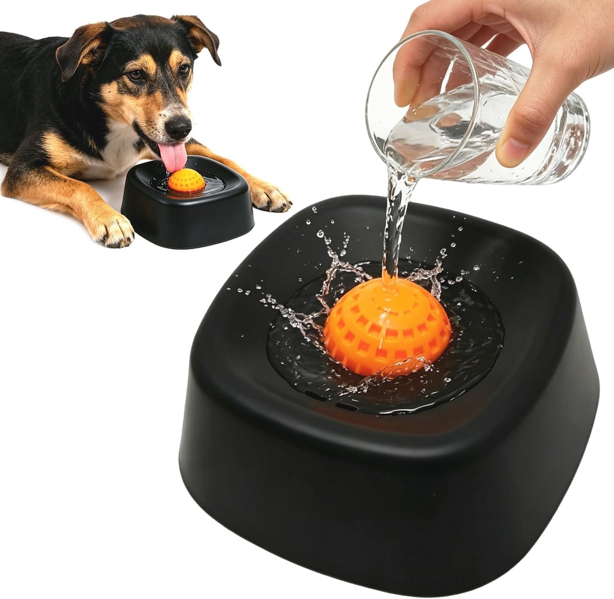 Anti-Schrok Voerbak voor Honden - 180ml met Rollende Bal - Zwart Deksel, Oranje - Geschikt voor Vloeibare Snacks - ShopVlot
